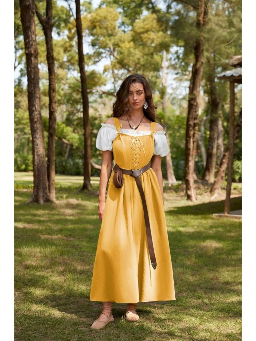 Women's Yellow Cottage Core Long Sleeveless Lace Up Imported Costume Dress - Picture 4 of 6
